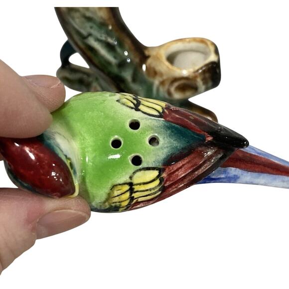 Vintage Salt & Pepper Shakers Set Birds on Branch 3pc Set Porcelain Decorative - Picture 7 of 8